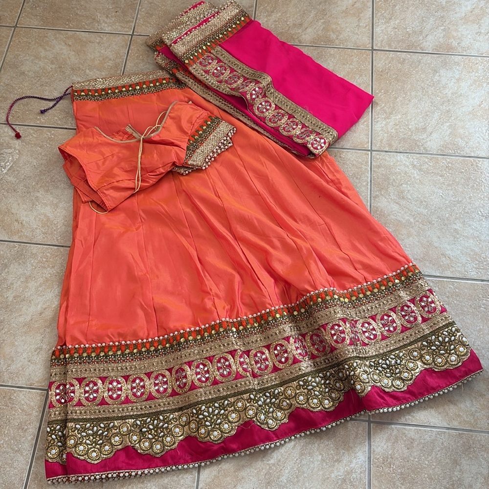 Vibrant Orange Pink Lehenga
